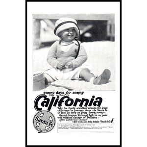 1924 Sante Fe Railroad Line Vintage Print Ad Baby Boy California Beach Wall Art